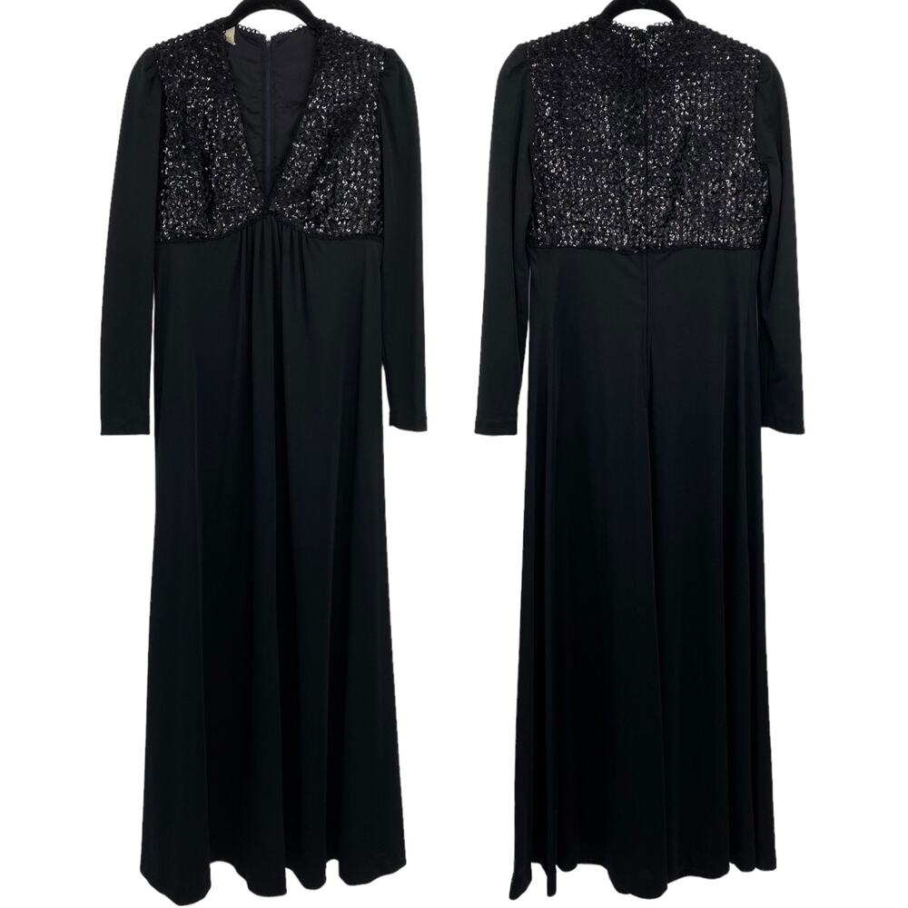 Vintage Shawn Jos 1970s Formal Gown Maxi Dress Black Sequin V Neck Womens Small